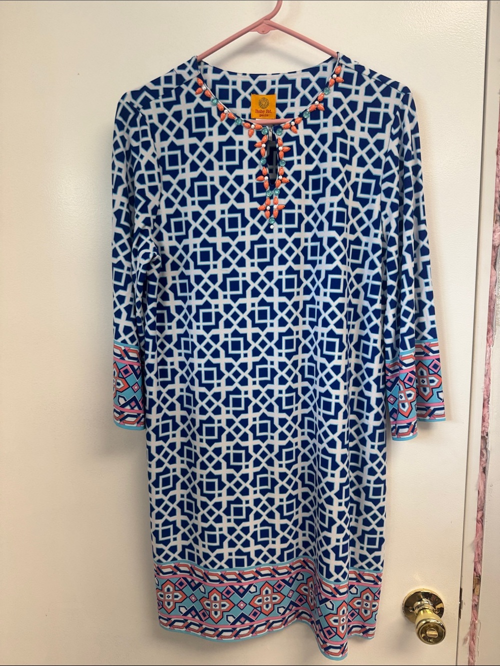 Ruby Rd. Navy and White Geometric Midi Dress w/Pink Coral Turquoise Trim EUC PL